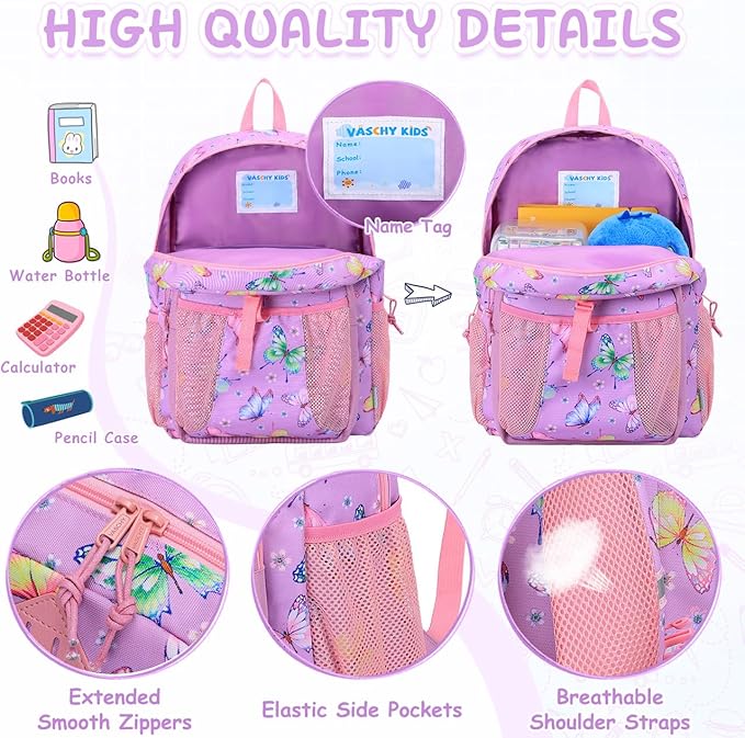 VASCHY Toddler Backpack Lunch Bag Set, Girls School Bookbag Insulated Lunch Box for Kids Preschool,Daycare,Kindergarten,Elementary School Butterfly