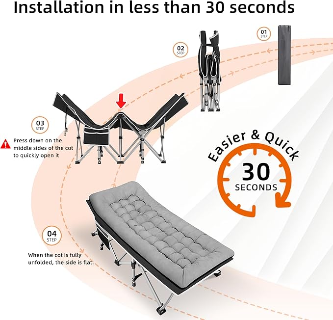 Fragess Portable Camping Cot, Sleeping Cots for Adults, 28" Extra Wide Folding Cot Max Load 600LBS with Thick Mattress, Portable Camping Bed for Outdoor Camp/Office, Home Nap (Black+Grey)
