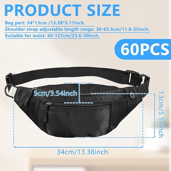 Crossbody Fanny Pack Large Capacity Waist Bag with Hidden Zipper Pockets Adjustable Strap Fanny Packs Waterproof Oxford Cloth Travel Belt Bag for Outdoor Shopping Travel Men Women (Black 60PCS)