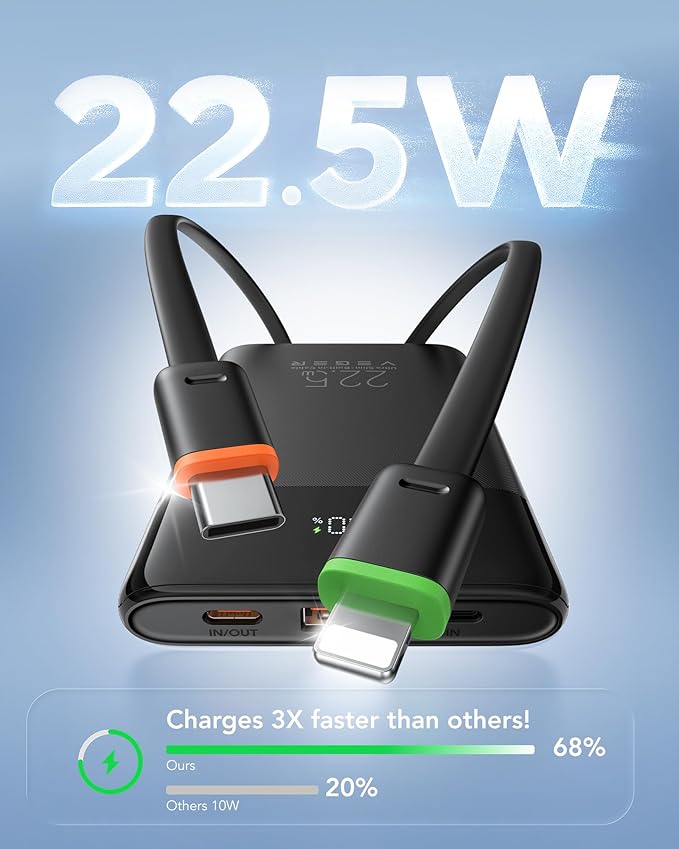 VEGER Portable Charger, Ultra Slim 22.5W Fast Charging with Built in Cable, Flight-Safe 10000mAh USB C Power Bank Battery Pack, Travel Essential Phone Powerbank for iPhone 17 16 Samsung S25 Google etc