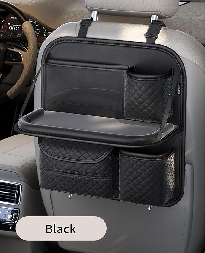 PU Leather Backseat Car Organizer with Foldable Tray & Tablet Holder, Luxury Diamond Stitching Design, Universal Car Seat Storage Organizer for Kids & Family Travel Accessories, Black