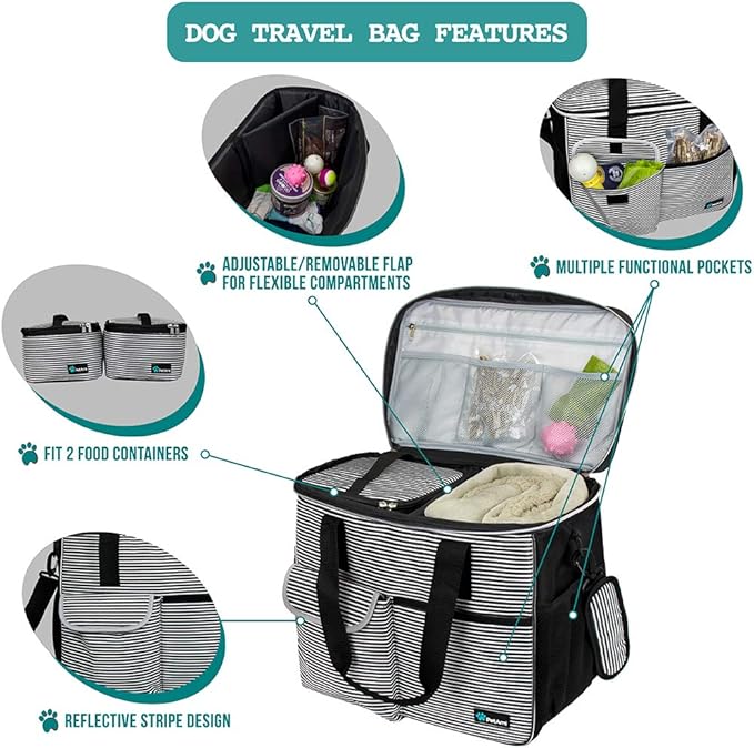 PetAmi Dog Travel Bag, Travel Pet Bag Organizer, Dog Food Travel Bag with Container Collapsible Bowls, Pet Travel Supplies Gift Accessories Weekend Camping, Puppy Cat Diaper Bag, Stripe Black Large