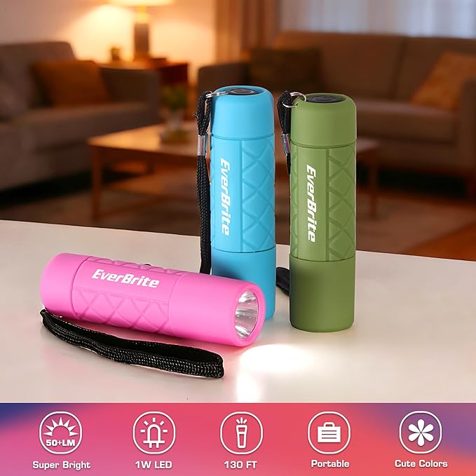 EverBrite Mini Flashlight 3-Pack, Small Flash Lights 9 AAA Batteries Included, Pink/Green/Blue LED Flashlights with Lanyard for Camping/Emergencies