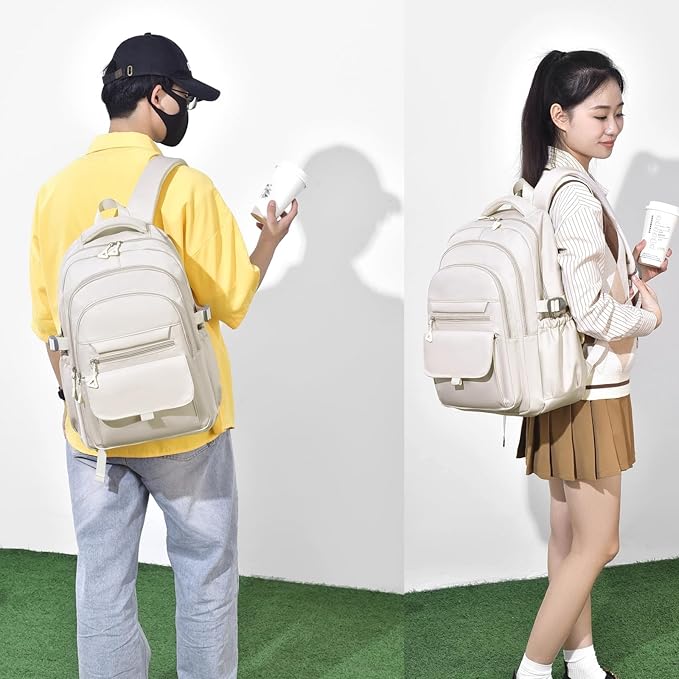 Backpack for Girls, Solid-Color School Backpack for Boys Kids, Aesthetic Girls Bookbag for Elementary School Travel Daypack,Beige