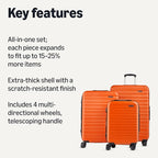 Amazon Basics 3-Piece Hardshell Spinner Luggage Set (21", 26", 30"), Expandable, Scratch-Resistant Surface, Four Multi-directional Wheels, Orange