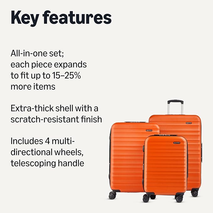 Amazon Basics 3-Piece Hardshell Spinner Luggage Set (21", 26", 30"), Expandable, Scratch-Resistant Surface, Four Multi-directional Wheels, Orange