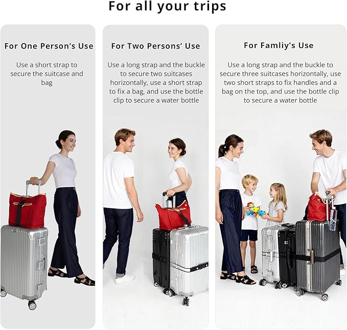 Luggage Straps 3 PCS for Suitcases TSA Approved 2 Short & 1 Long Adjustable Straps with Elastic Thick Rope for Connecting Suitcases and Bags Stably with a Strap Buckle and a Bottle Clip, Black