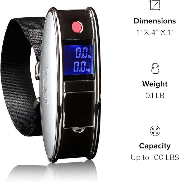 TUMI Scale - Portable, Handheld Digital Luggage Scale - Suitcase Scale Weighs Pounds & Kilograms - Holds up to 100 Lb - Gun Metal/Black