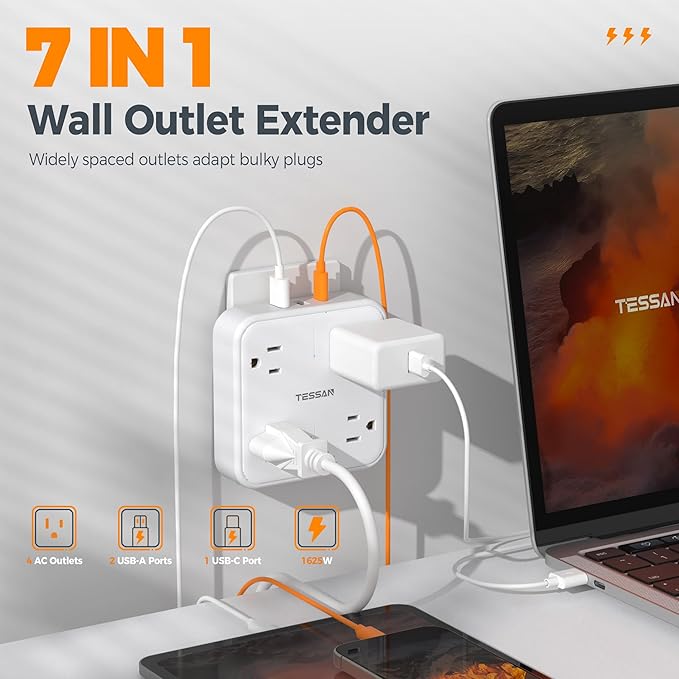 TESSAN Multi Plug Outlet Extender, Surge Protector Splitter with 3 USB (1 USB C Port) Wall Charger, Multiple Expander for Travel, Home, College Dorm Room, White