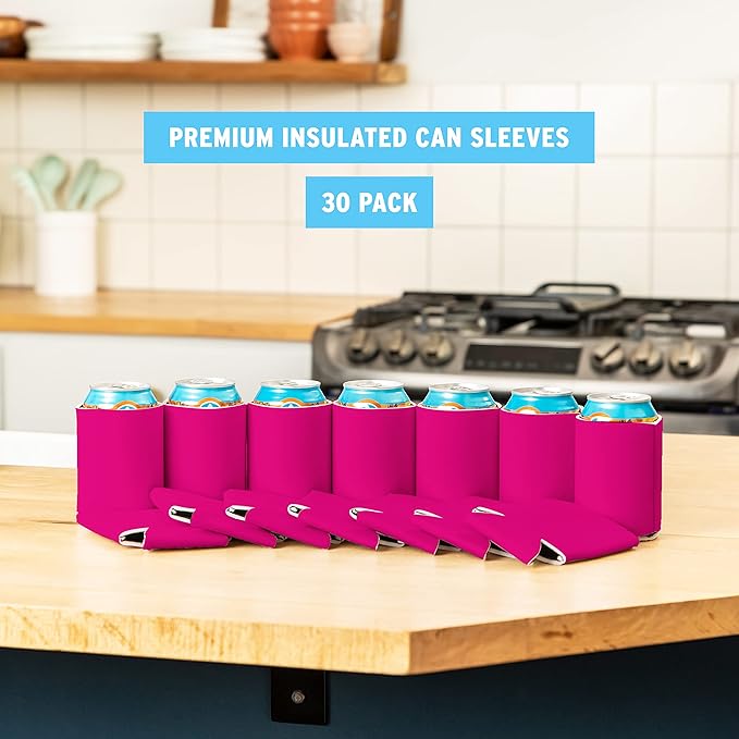 Blank Beer Can Coolers Sleeves (30-Pack) Soft Insulated Beer Can Coolies - HTV Friendly Plain Koolies in Bulk for Beer Cans & Bottles - Coolie Blanks for Vinyl Projects & Wedding Favors (Raspberry)