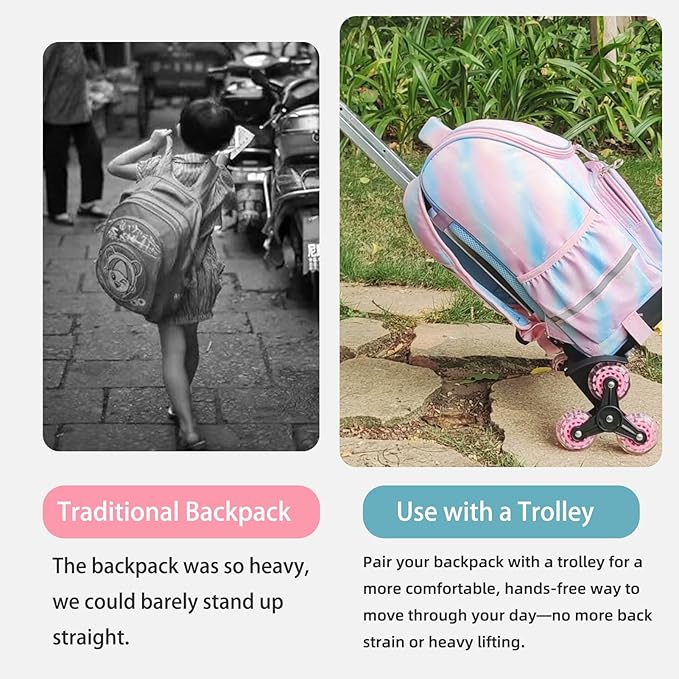 Lightweight Foldable Backpack Trolley – Pink 3-Wheel Rolling Hand Truck with Strap, Portable Folding Cart for Backpack, Travel, Commuting, and Daily Utility Use