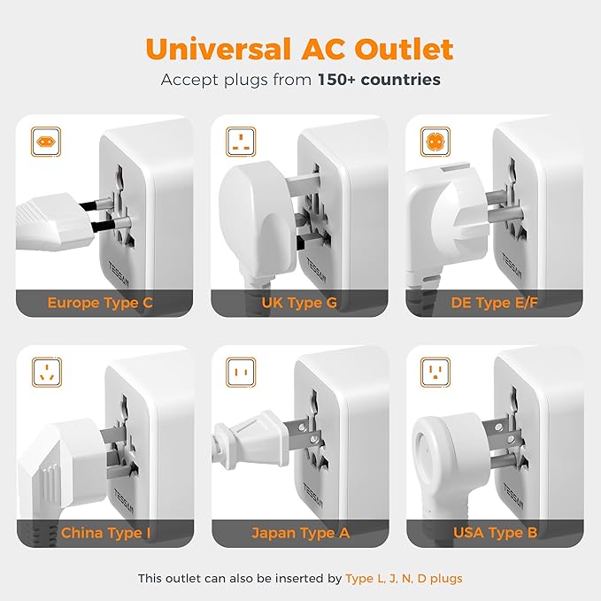 TESSAN Universal Travel Adapter, International Power Adapter with 2 USB C 2 USB A Ports, Travel Plug Adaptor Worldwide for US to Europe UK Italy Ireland Australia France Germany(Type C G A I)