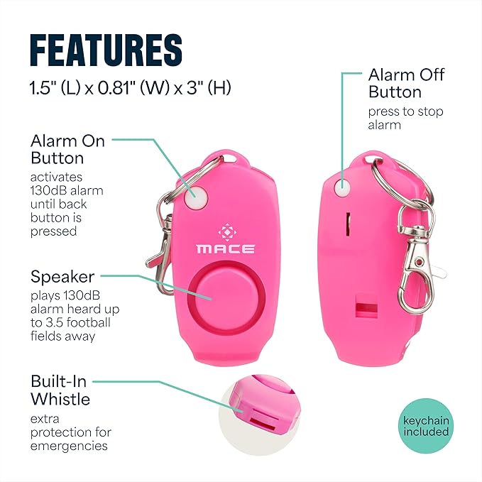Mace Personal Safety Alarm - Loud 130db Siren, Built in Emergency Whistle, Easy On/Off Push Button Activation, Batteries Included, Personal Alarm for Women & Men - Neon Pink