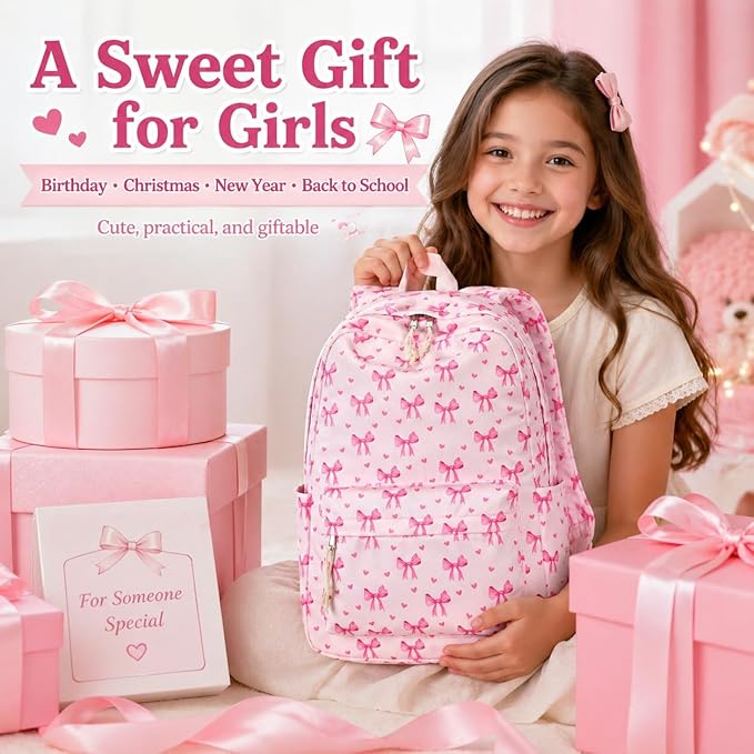 LOIDOU Backpack for Girls School Backpacks Bookbags for Elementary Middle School Women Laptop Backpacks (Pink bow-215, L-17)