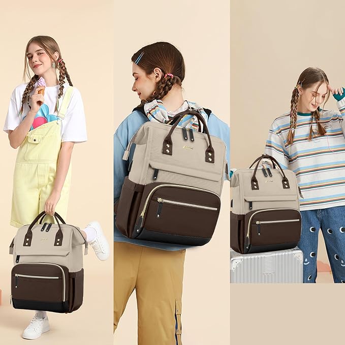 Laptop Backpack Women Work Bag: 15.6 inch Work Bookbag with USB Charging Port Large Travel Backpack Purse for College Nurse Casual Daypack for Teacher Professional Computer Backpack Apricot Coffee