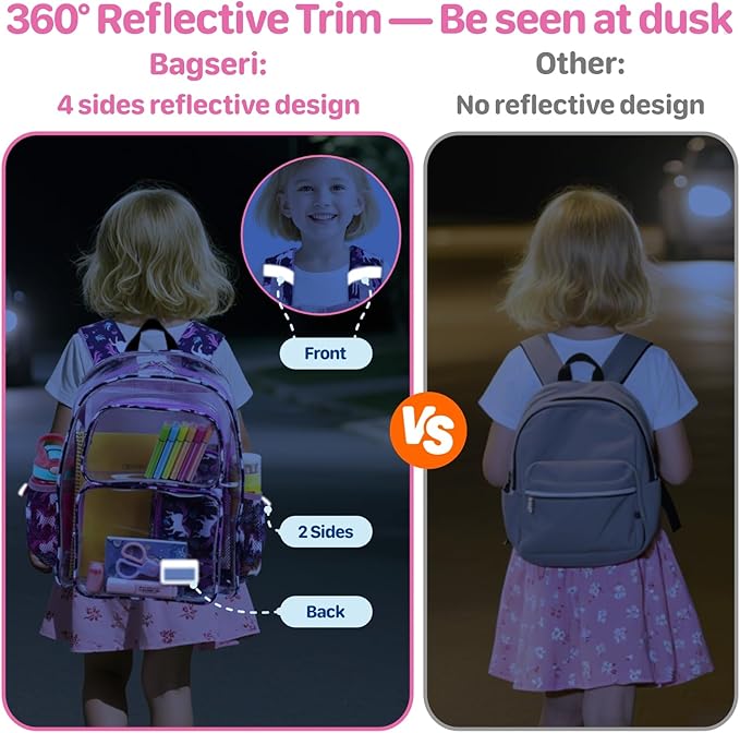 Bagseri Clear Backpack for Girls - 15 Inch Heavy Duty Kids Clear Bookbag for Kindergarten to Grade 2, Transparent School Bag with Reflective Strip, Fits Folders, Deep Purple Unicorn