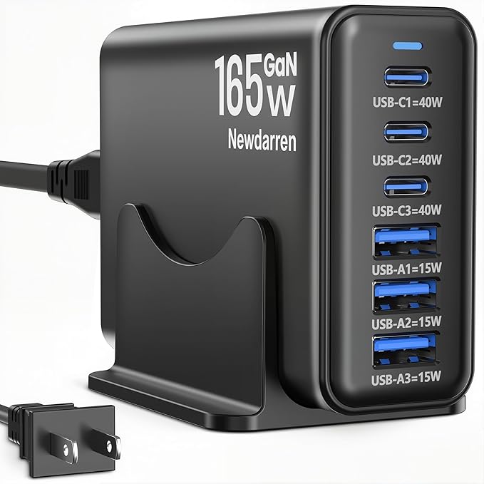 Charging Station for iPhone 17, 165W GaN 6-Port USB C Fast Charger Block, 3 Type-C Each 40W Desktop Charging Hub for Multiple Devices, 5ft Cord - Ideal for Home Office Travel Black