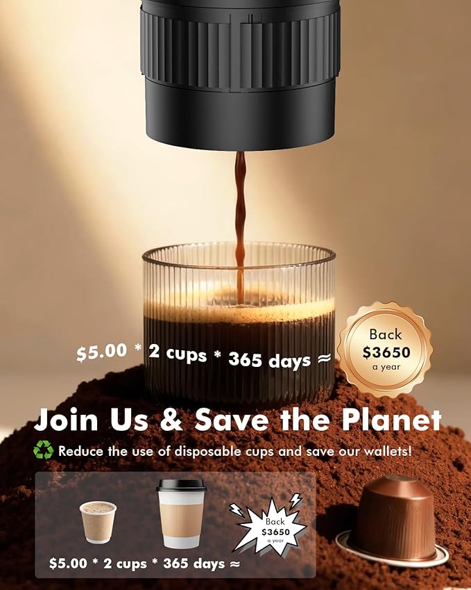Portable Electric Espresso Machine & Manual Coffee Grinder & Electric Milk Frother All in 1 Mini Travel Coffee Maker Set for Camping, Car, RV, Hiking, Office, Home, Ground Coffee & NS Capsules Pod