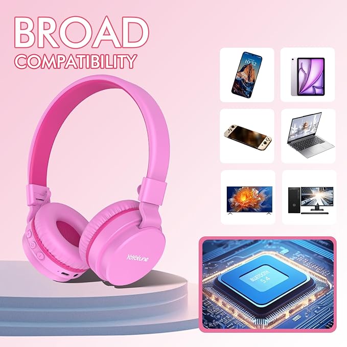 Kids Bluetooth Headphones,Lightweight Kids Headphones Wireless,85/94dB Safe Volume,40H Playtime,Fast Charging,Bluetooth 5.3,Over Ear,Toddler Headphone Built-in Mic for School/Tablet/Travel (Pink)
