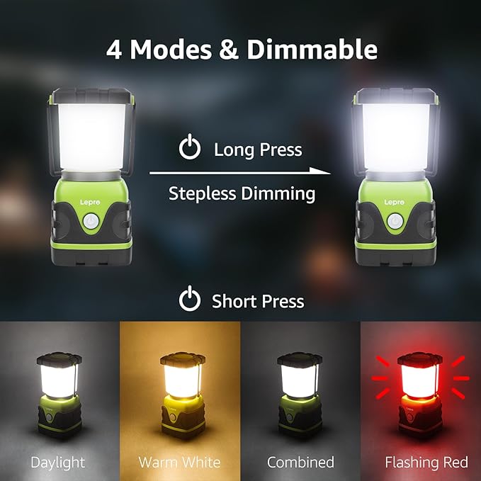 Lepro 1500LM Battery Powered LED Camping Lantern, Waterproof Tent Light with 4 Light Modes, Camping Essentials, Portable Lantern Flashlight for Camping, Emergency Light, Power Outage, Not Rechargeable