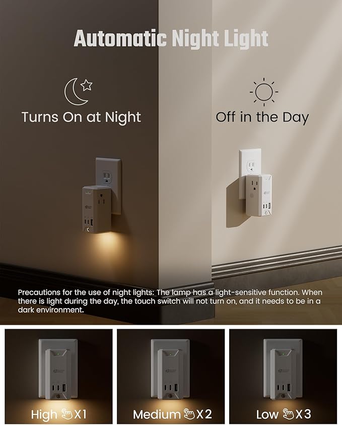 Rotating Wall Outlet Extender with Night Light, SUPERDANY 3 AC Outlet Adapter with 3 USB Ports, 20W USB-C Fast Charging, Automatic Light ON/OFF Dimmable, 4-Sided Outlet Splitter for Home Office Travel