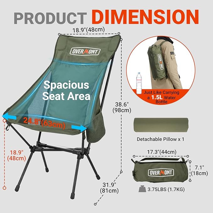 Overmont Portable High-Back Camping Chair - 440LBS Support Oversized Lightweight Folding Backpacking Chair for Adults - Compact with Detachable Pillow for Outdoor Travel Hiking Beach Fishing