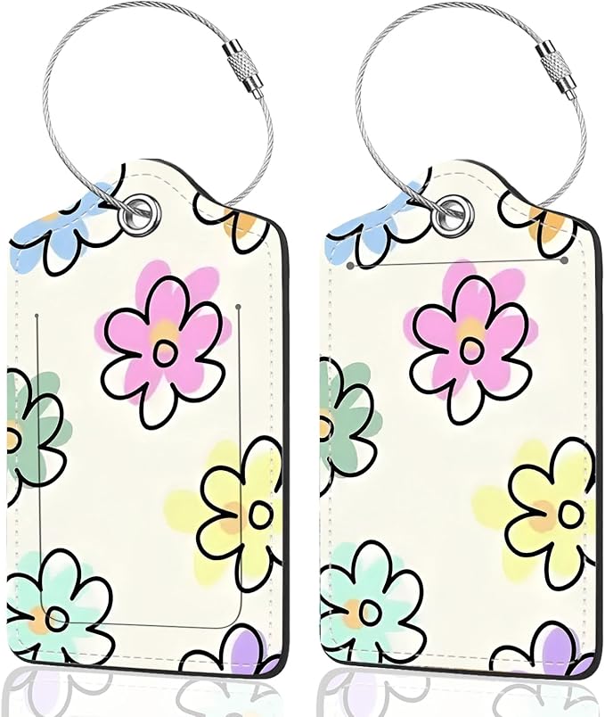 2Pack Luggage Tags for Suitcases, Cute Unique Pu Leather Cruise Luggage Tag with Privacy Cover ID Label Address Card and Metal Ring Suitable for Women Men Kids Travel Bag Blue and Yellow Flowers
