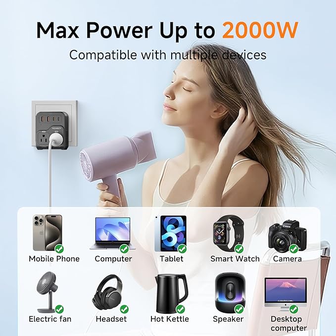 2000W Voltage Converter US to Europe, 220V to 110V Converter for Hair Dryer, 7-in-1 European Travel Plug Adapter with 3AC/2USB-A/2USB-C (PD20W), Travel Essentials with Type ABCE/FGI (Black)