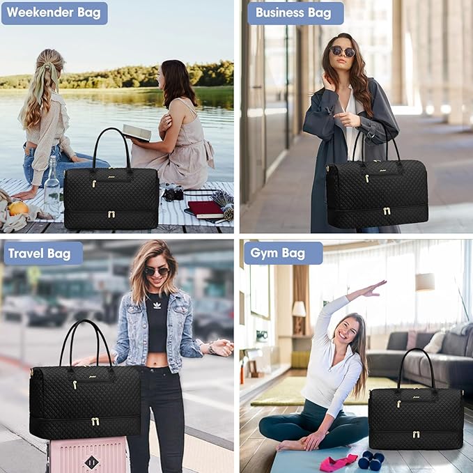 Travel Weekender Duffle Bag for Women - Overnight Bag with Shoe Compartment Carry on Bag with Toiletry Bag Gym Duffel Bag with Wet Pocket Hospital Bags for Labor and Delivery 3 Pcs Set Black