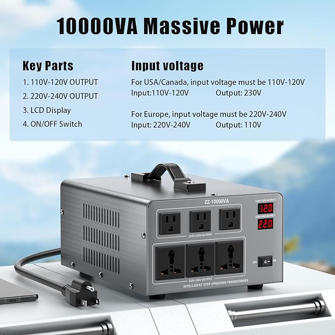 10000W Voltage Converter Transformer Step Up/Down 110V/120V to 220V/240V, Auto Voltage Recognition, Heavy Duty Power Converter with 6 Outlets, LCD Display & Circuit Breaker for Home, International Use