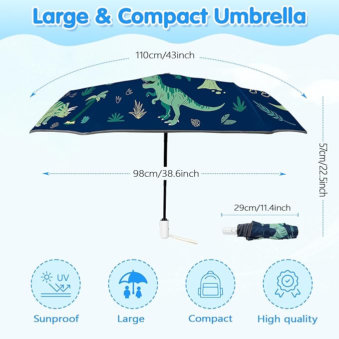 Kids Folding Umbrella Auto Open/Close Umbrellas for Rain Round Corner Safe Design UV Resistant Automatic Children Travel Umbrellas Reinforced Canopy 360° Reflective Strip Lightweight for Girls & Boys