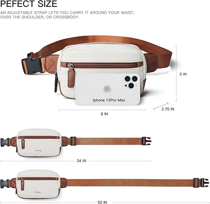 LATMAP 2L Fanny Packs Everywhere Belt Bag Small Fashion Crossbody Waist Pack Faux Leather Waterproof Sling Chest Bag For Women Trendy Beige
