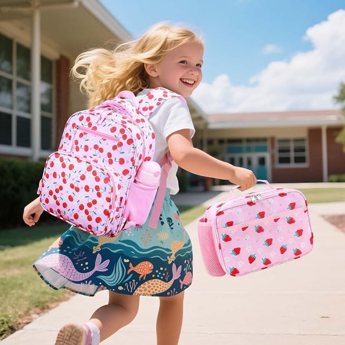 RHCPFOVR Kids Backpack for Girls - Girls Backpack 3-8 Ages Cherry for Kids 15 Inch School Bookbag for Kindergarten Elementary School Bookbag for Girl 1st 2nd Grade