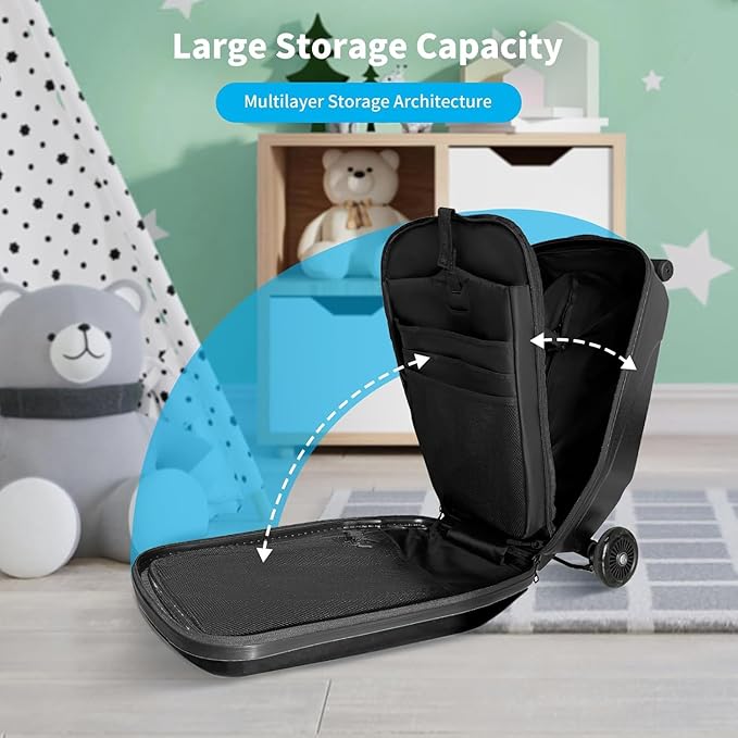 TABU 21" 3-D Hardshell Scooter Suitcase for Kid & Adult, Foldable Carry-on Scooter Luggage with Telescopic Handle, Multifunctional Lightweight Traveling Suitcase for Age 4-15, Black