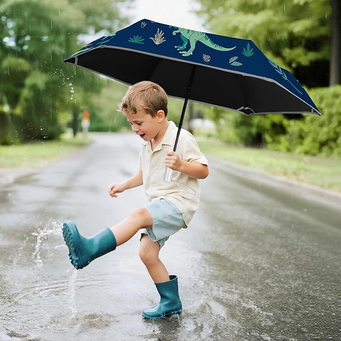 Kids Folding Umbrella Auto Open/Close Umbrellas for Rain Round Corner Safe Design UV Resistant Automatic Children Travel Umbrellas Reinforced Canopy 360° Reflective Strip Lightweight for Girls & Boys