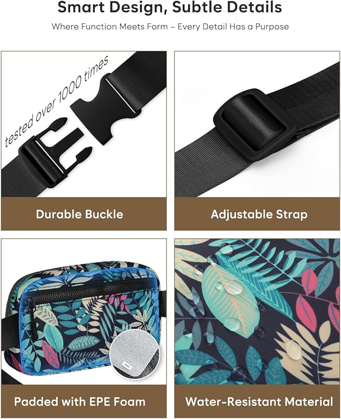 Pritent Fanny Packs for Women Cross Body Bag Waterproof Belt Bag with Adjustable Strap and Zipper Back Pocket Small Crossbody Bags Fashion Waist Packs for Workout Travelling(Tropical Leaf)