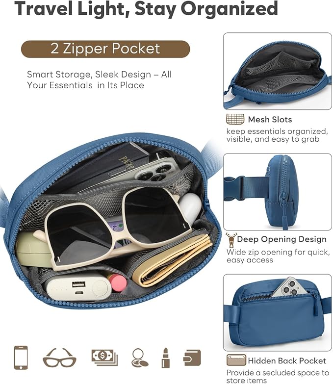 Pritent Fanny Packs for Women Cross Body Bag Waterproof Belt Bag with Adjustable Strap and Zipper Back Pocket Small Crossbody Bags Fashion Waist Packs for Workout Travelling(Navy Blue)