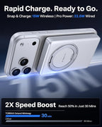 TORRAS Ostand Minimag 10000mAh Magnetic Portable Charger, 360° Rotatable Stand, 15W Wireless & 22.5W PD Fast Charging Battery Pack for iPhone 17/16/15/14, Pro Max, Plus, AirPods - White
