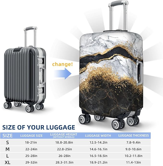 Travel Luggage Cover Suitcase Protector, White Black Gold Marble Abstract Washable Elastic Suitcase Baggage Cover Double-sided with Zipper Closure for Wheeled Suitcase Fits 25-28 Inch Luggage