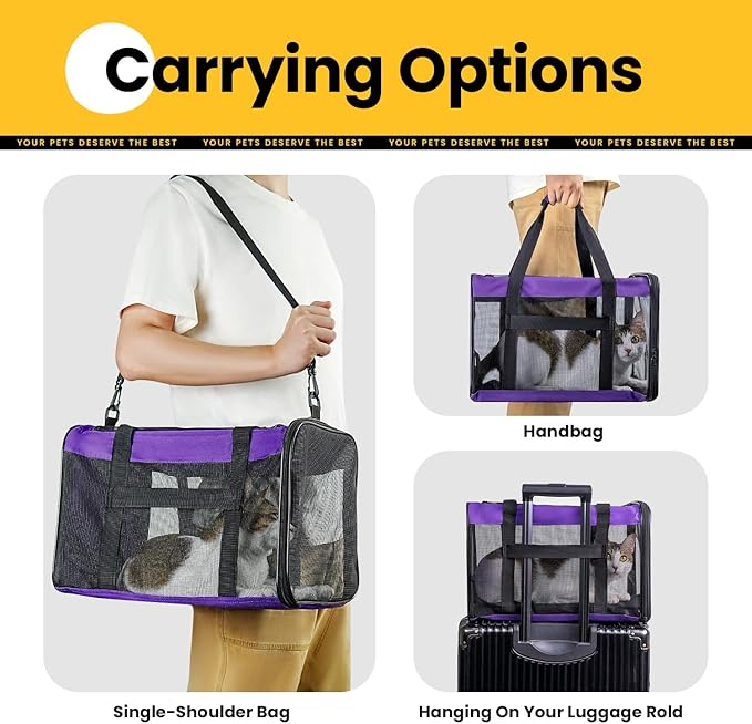 Conlun Cat Carrier Bag,Soft-Sided Pet Carriers for Dogs with 4-Sided Mesh,Airline Approved Cat Transport Carrier for Small&Medium Cats Kitten Puppy Up to 15LB,Collapsible Cat Travel Carrier-M,Purple
