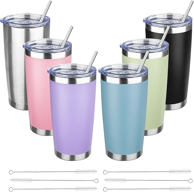 20 oz Tumbler with Lids and Straws, Stainless Steel Insulated Travel Coffee Mug, Double Wall Vacuum Insulated Tumblers, Powder Coated Coffee Tumbler for Cold & Hot Drinks (Mix Color-3)