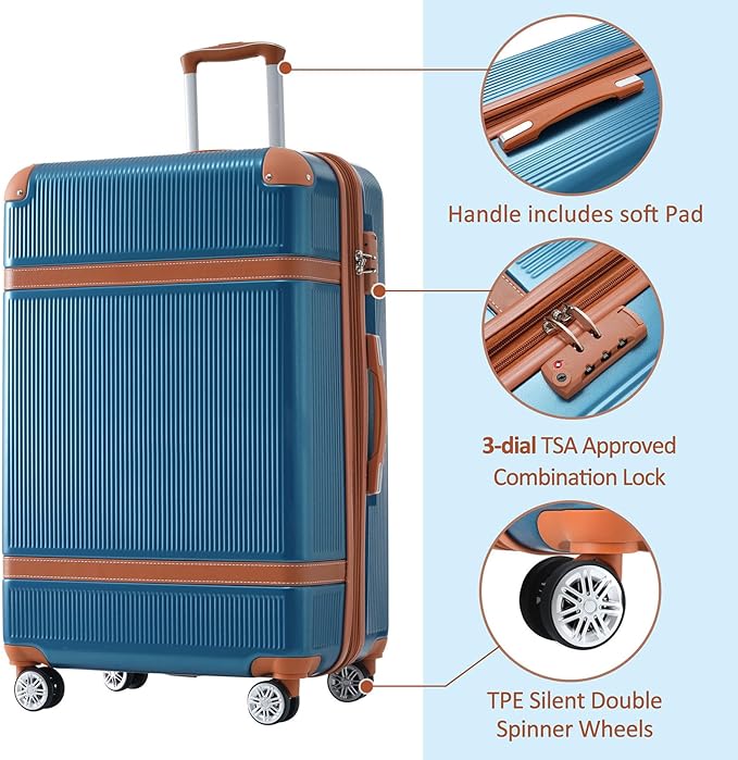 3 Piece Hardshell Luggage Sets 20"+24''+28" Expandable Hardside Luggages Spinner Suitcase with Spinner Wheels & TSA Lock,Lightweight Luggage Sets For Women Men Outdoor Travel Blue