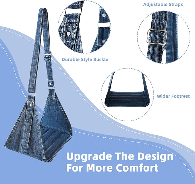 Airplane Foot Hammock, No Collapse Foot Rest for Plane Travel with Extended Adjustment Strap, Portable Desk Foot Hammock with,Cotton Denim, Foot Sling Travel Essentials to Relax Your Feet (Dark Blue)