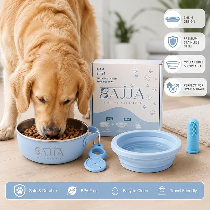 2-in-1 Travel Dog & Cat Bowl – Collapsible BPA-Free Silicone & 18/8 Stainless Steel, Portable & Non-Slip with Handle, Easy to Clean, Food & Water Bowl for On-the-Go Pets, Bottle/PoopBag Holder