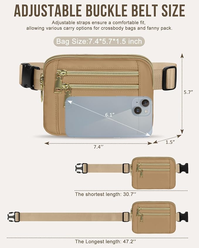 Capolo Fanny Packs for Women Fashion Waist Packs Bag with Adjustable Strap and 4 Zipper Pockets Waterproof Everywhere Crossbody Belt Bag for Workout Running Travelling(Khaki)