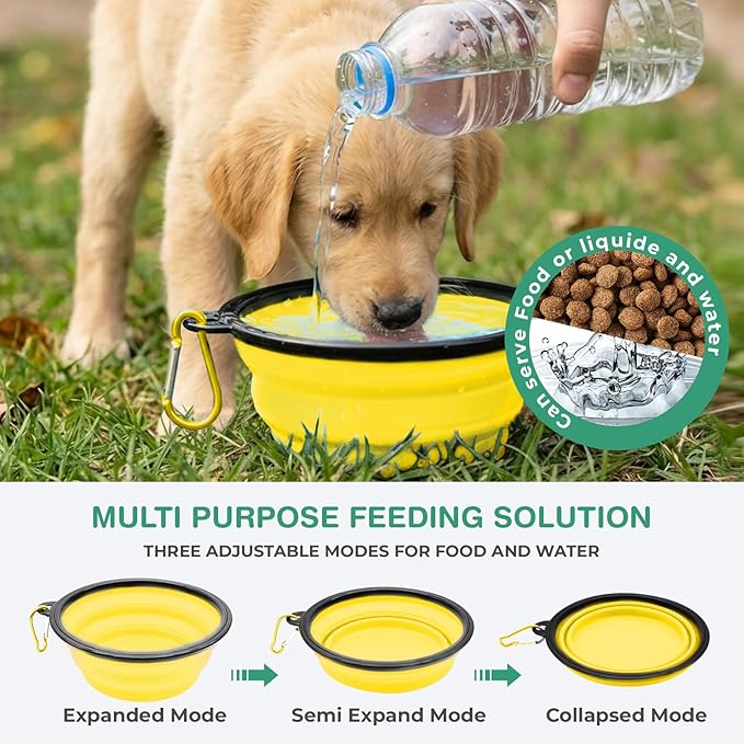 Collapsible Dog Bowls for Travel, Portable Dog Water Bowl & Food Bowl for Dogs and Cats, Foldable Pet Feeding Dish for Walking Hiking Camping with Carabiner, BPA Free, Yellow