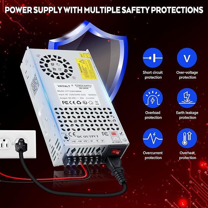 VAYALT 24V 25A 600W DC Switching Power Supply, Universal Regulated Switching AC 110V/220V to DC 24V Transformer, 24V Power Supply for Industrial, CCTV, Computer Project, 3D Printer, LED Strip Light