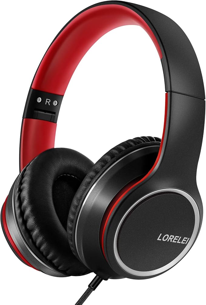 LORELEI X8 Over-Ear Wired Headphones with Microphone with 1.45m-Tangle-Free Nylon Line&3.5mm Plug,Lightweight Foldable & Portable Headphones for Smartphone,Tablet,Computer,Mp3/4(Black-red)