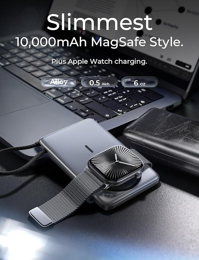 LISEN 0.5'' Ultra Slim MagSafe Power Bank for iPhone and Apple Watch,10000mAh MagSafe Battery Pack,Alloy Magnetic Portable Charger for iPhone 16 Pro Max Plus/15, Apple Watch S11 /S10 S9 SE，Grey
