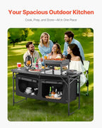 VEVOR Camping Kitchen Table, Folding Outdoor Cooking Table, 3 Adjustable Heights, Aluminum Lightweight Portable Cook Station with Storage Organizer, Carry Handle, for BBQ Party Picnic RV Travel, Black